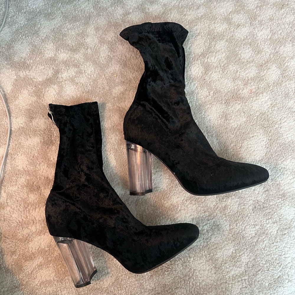 Black booties with lucite heel